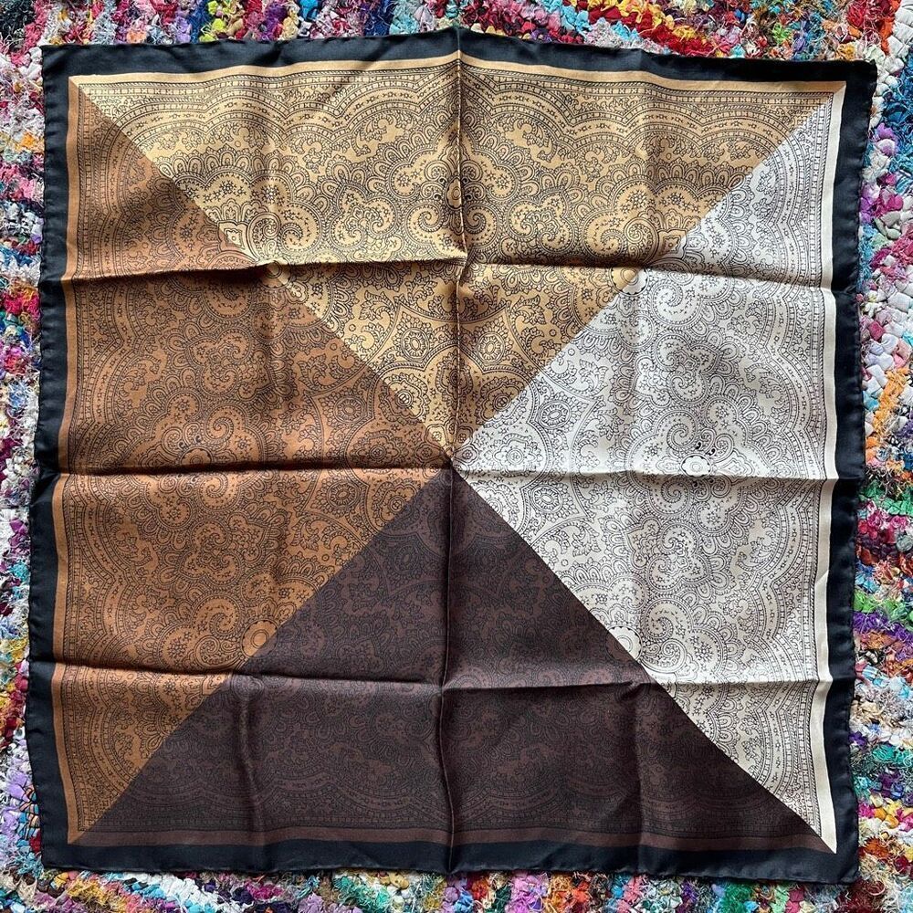VTG Italian Silk Paisley Bandana Scarf Brown Tan Black Colorblock Mod